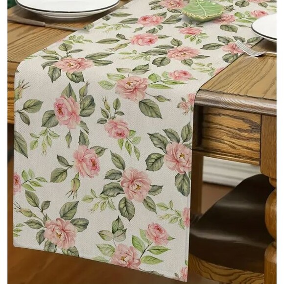 Table Runner 13x72in Linen Rose Pattern Floral Spring - Picture 1 of 3